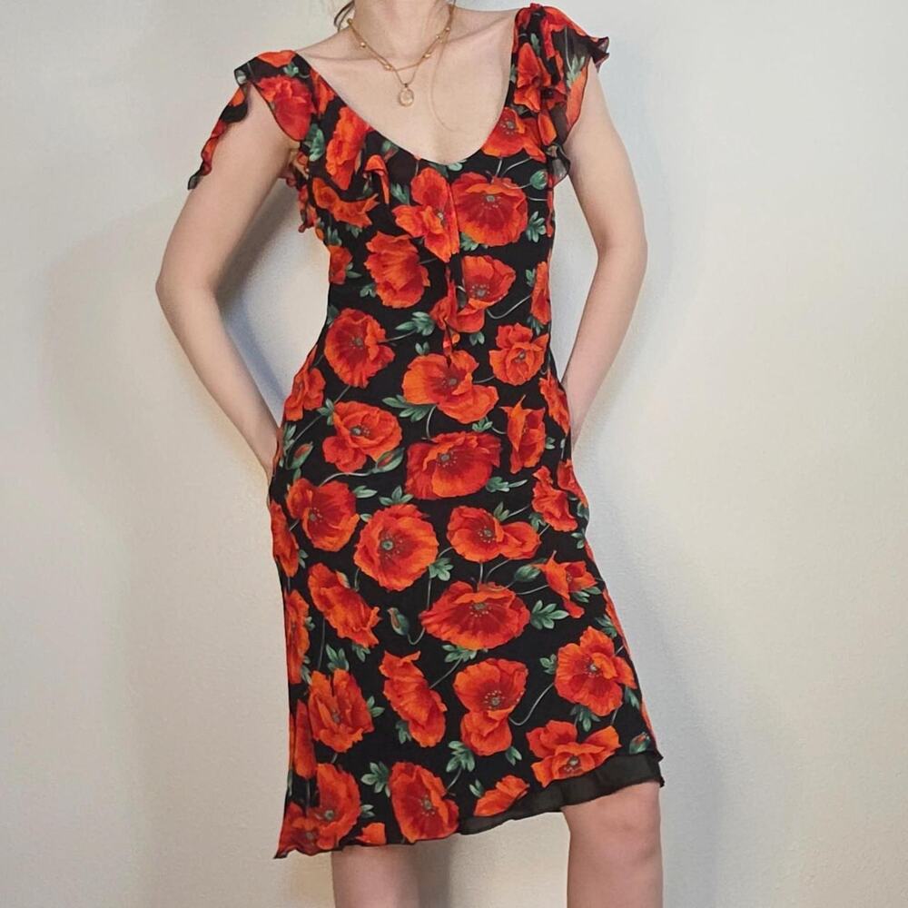 Vintage Italian Poppy Floral Slip Dress Open Back Ruffle Midi Dress Romantic